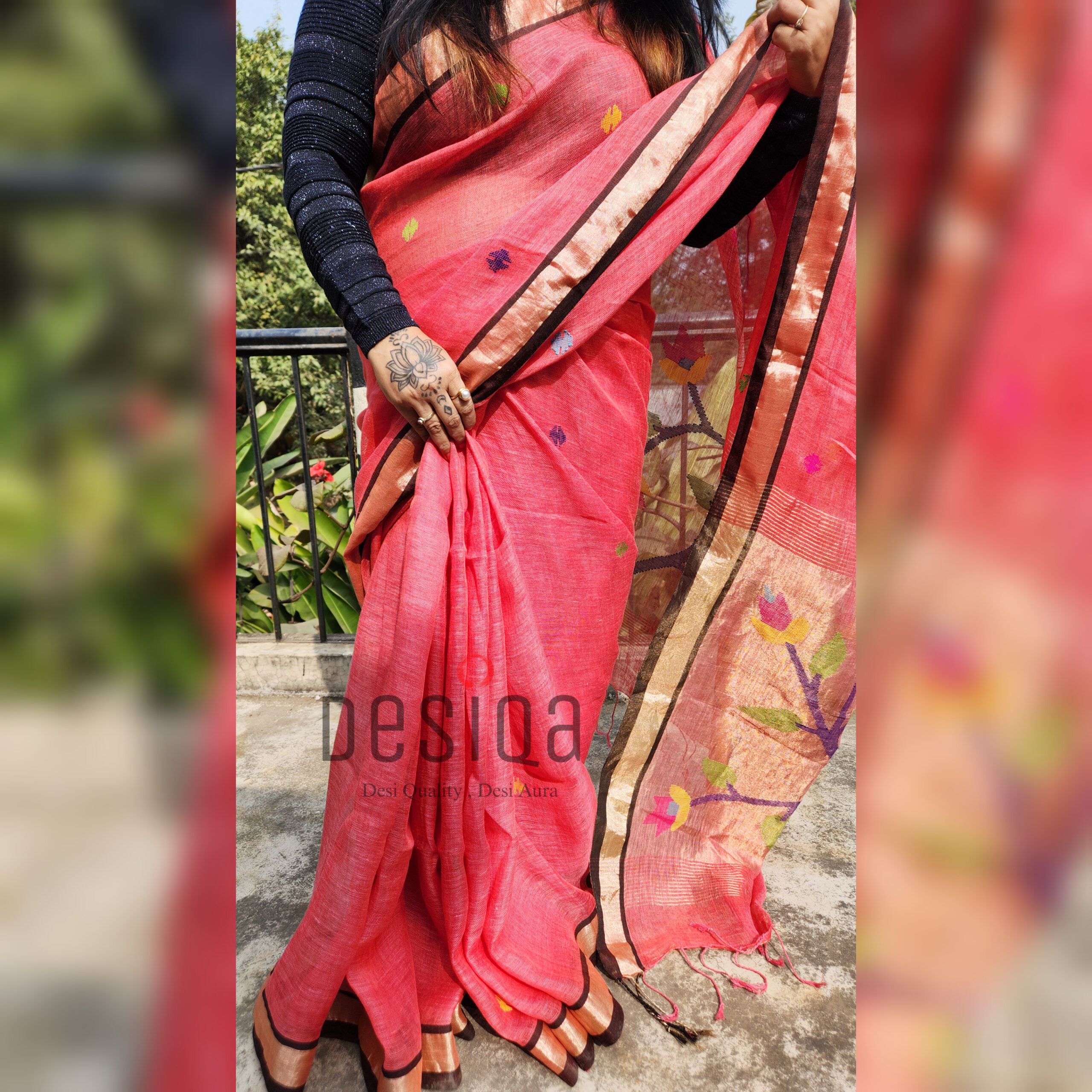 Pink Colour Pure Linen Jamdani Work Bird Motifs Saree - Image 3