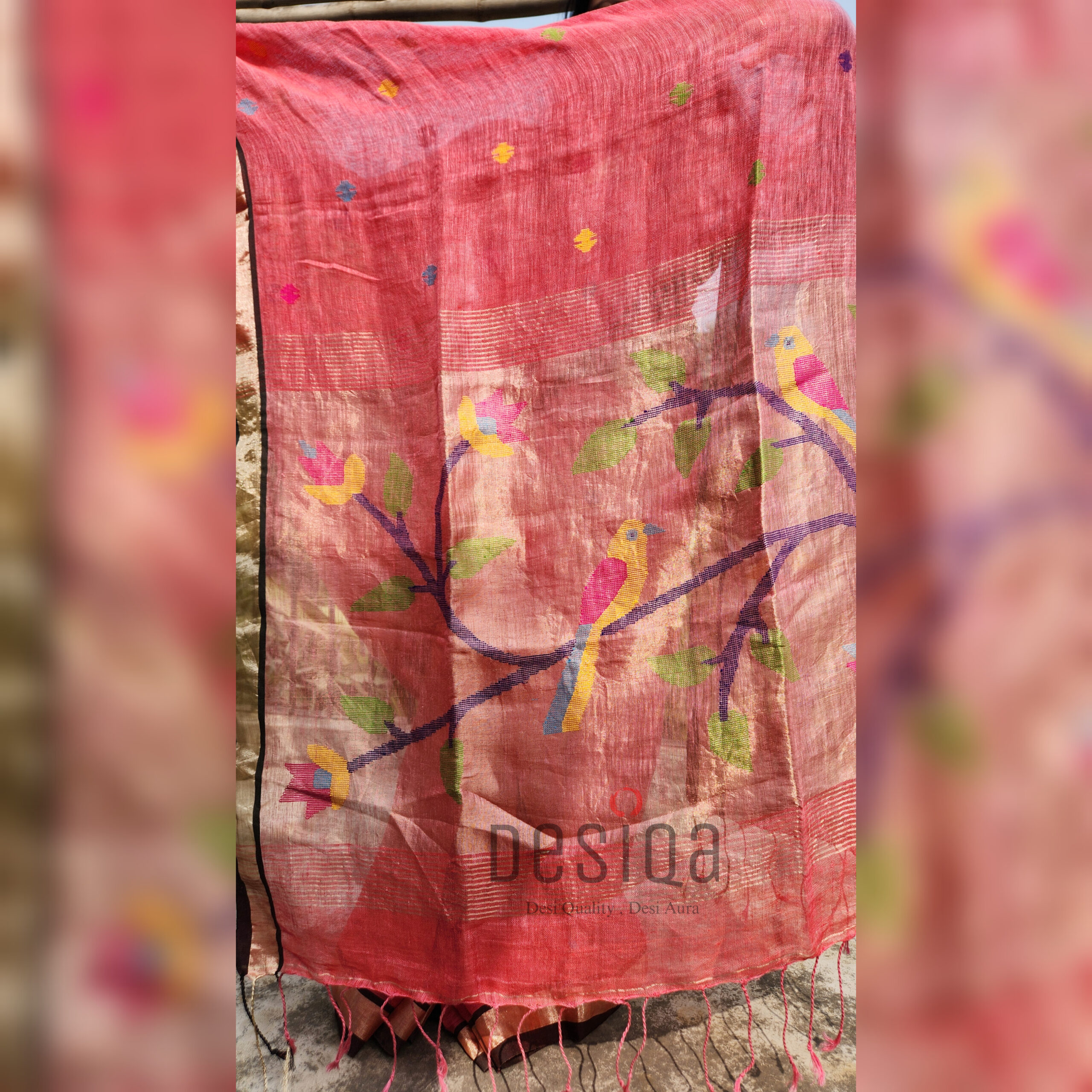 Pink Colour Pure Linen Jamdani Work Bird Motifs Saree - Image 4