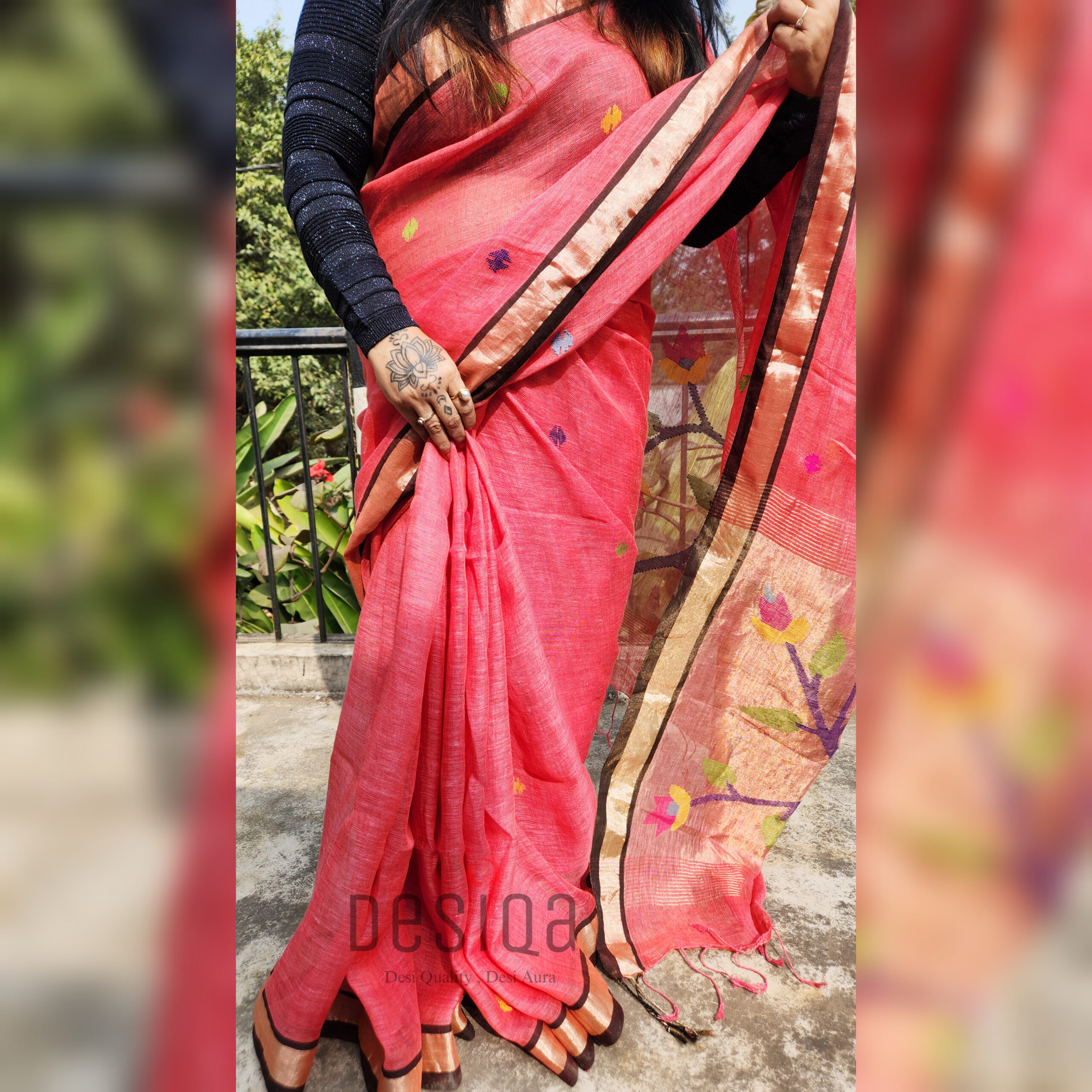Pink Colour Pure Linen Jamdani Work Bird Motifs Saree - Image 5