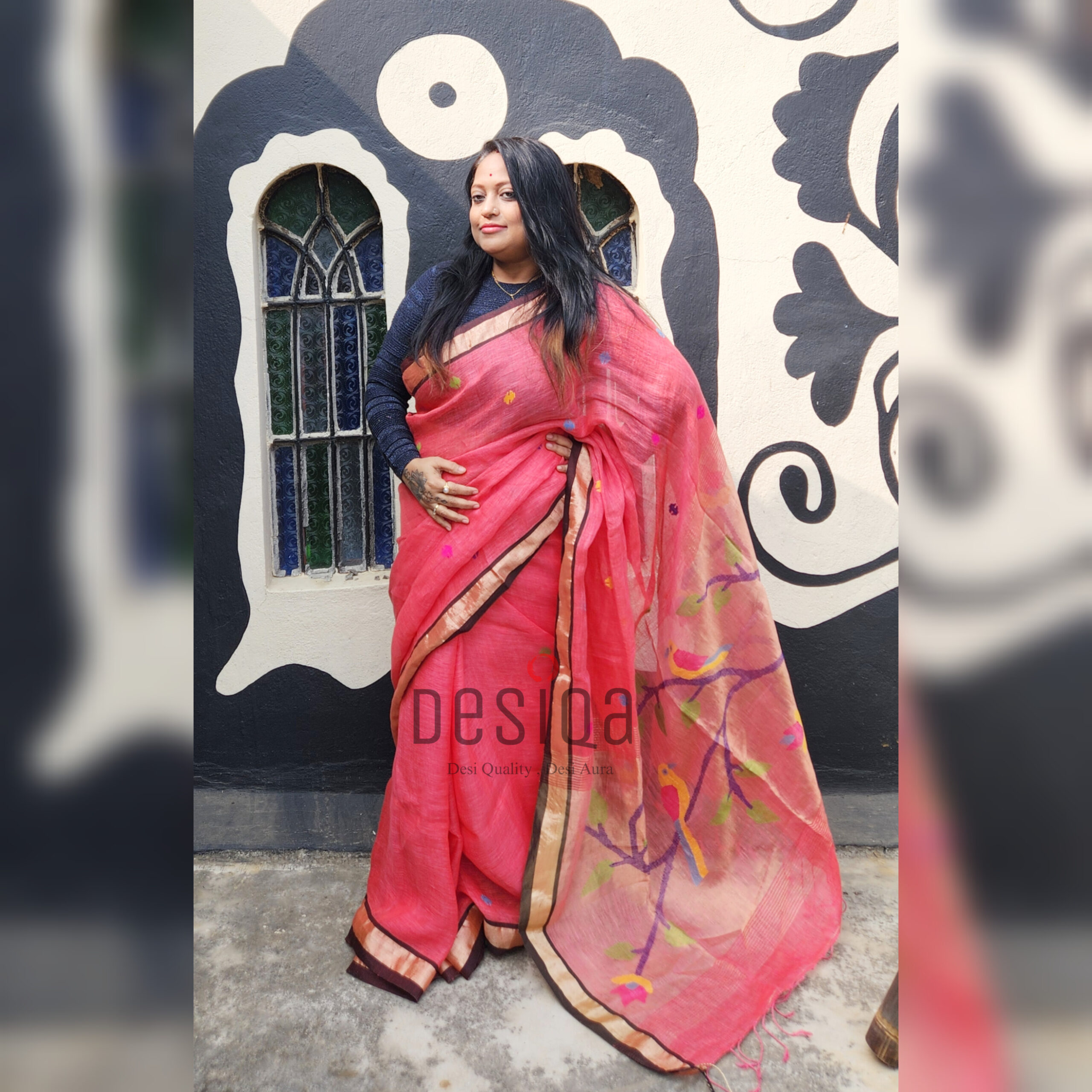 Pink Colour Pure Linen Jamdani Work Bird Motifs Saree