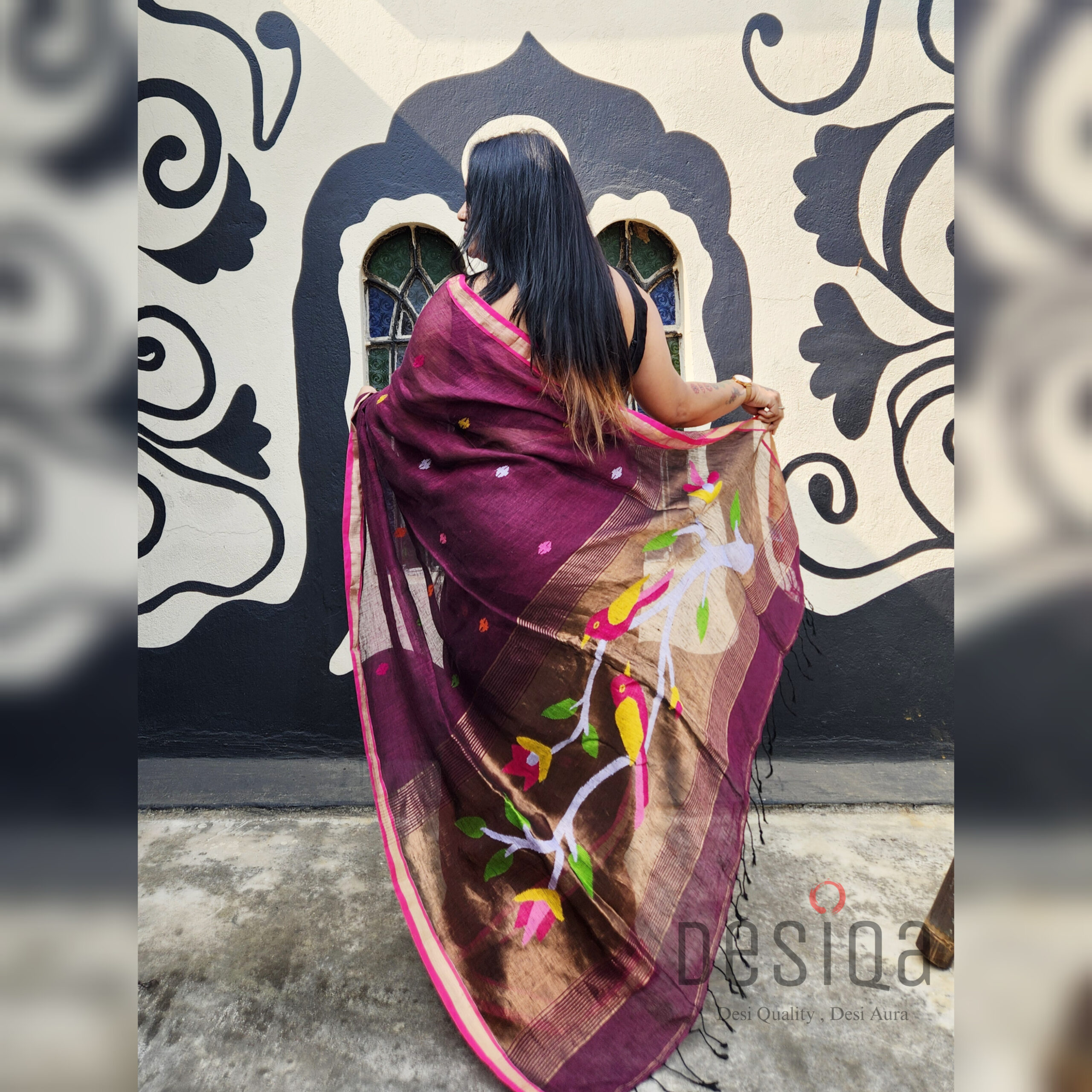 Wine Colour Pure Linen Jamdani Work Bird Motifs Saree - Image 5