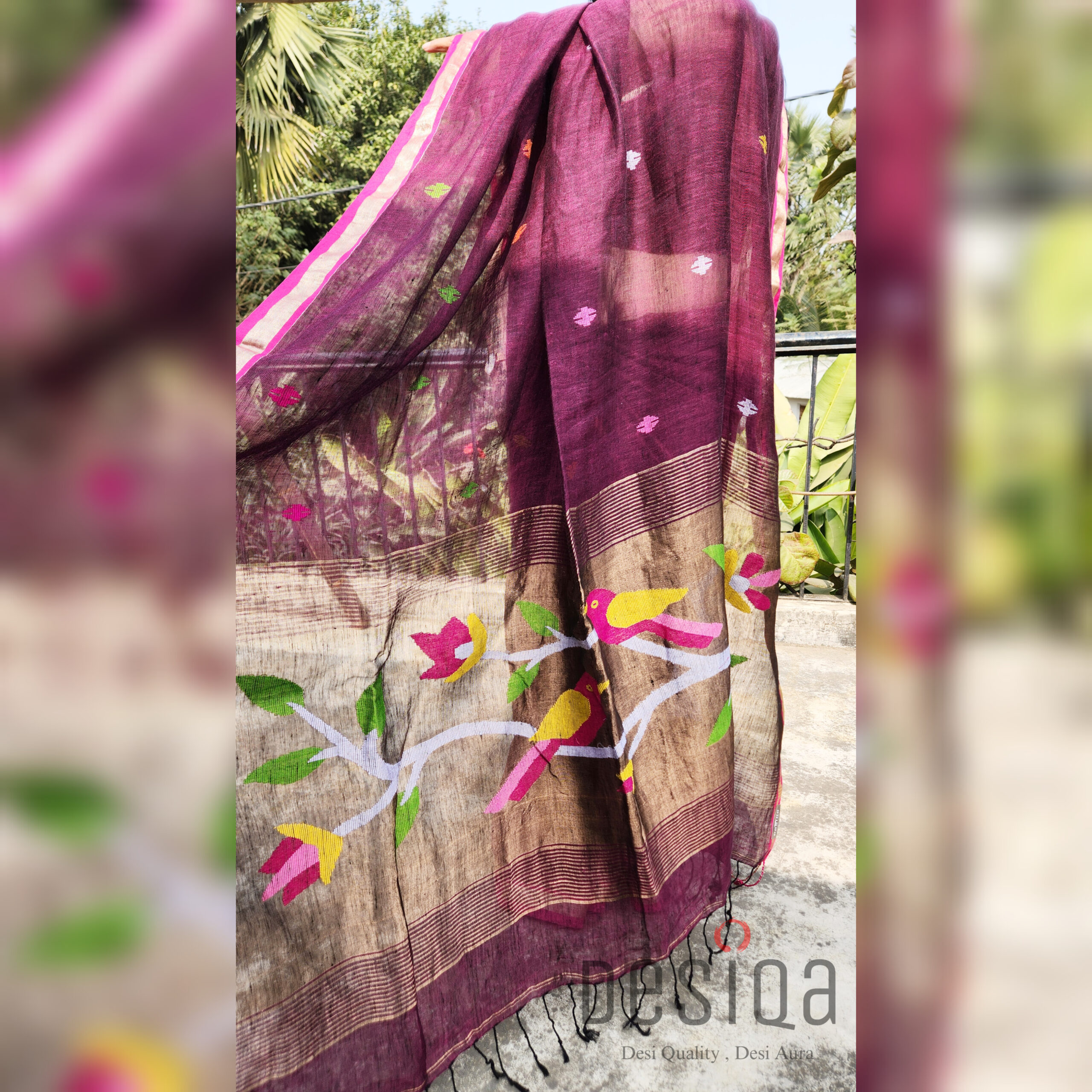 Wine Colour Pure Linen Jamdani Work Bird Motifs Saree - Image 4