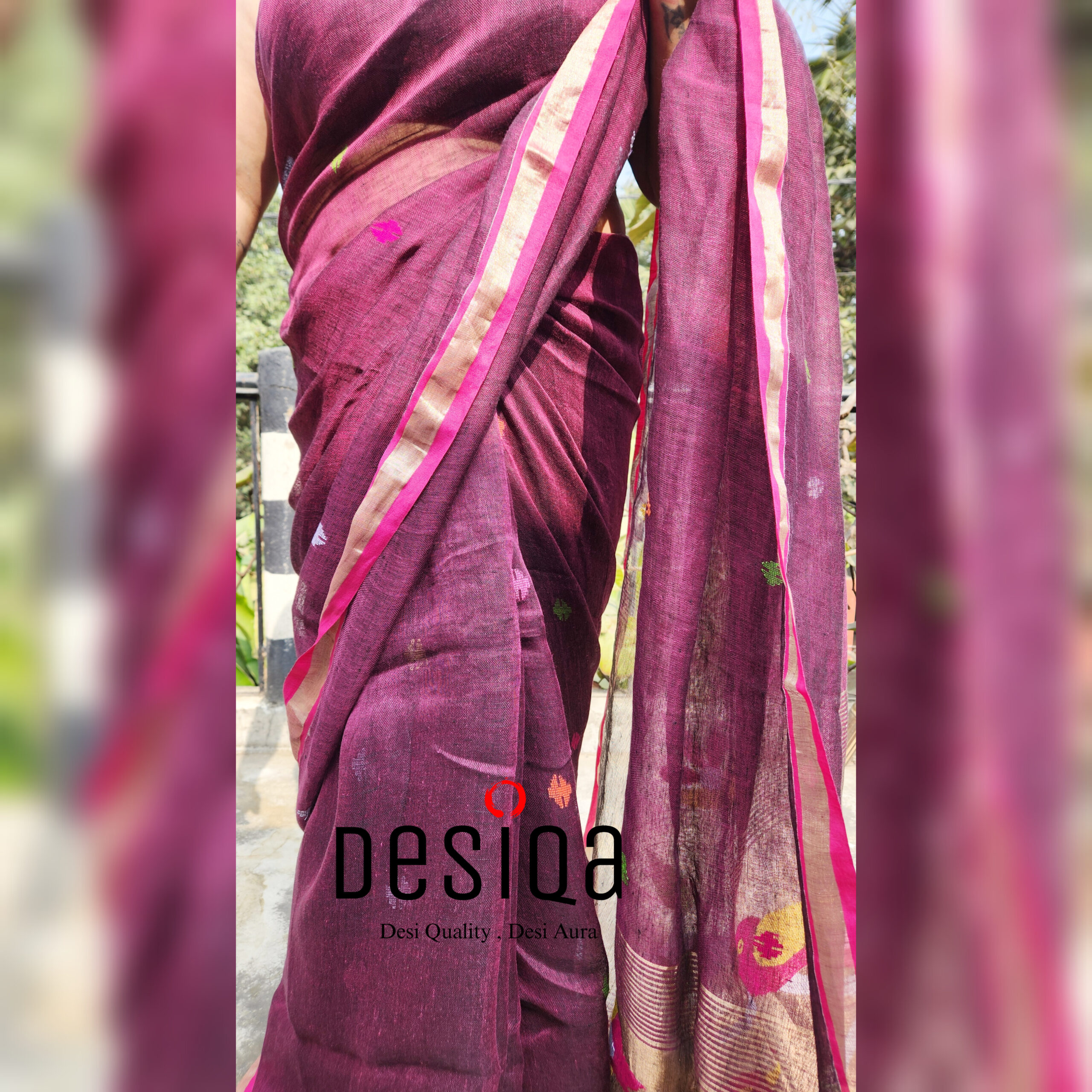 Wine Colour Pure Linen Jamdani Work Bird Motifs Saree - Image 3