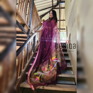 Wine Colour Pure Linen Jamdani Work Bird Motifs Saree