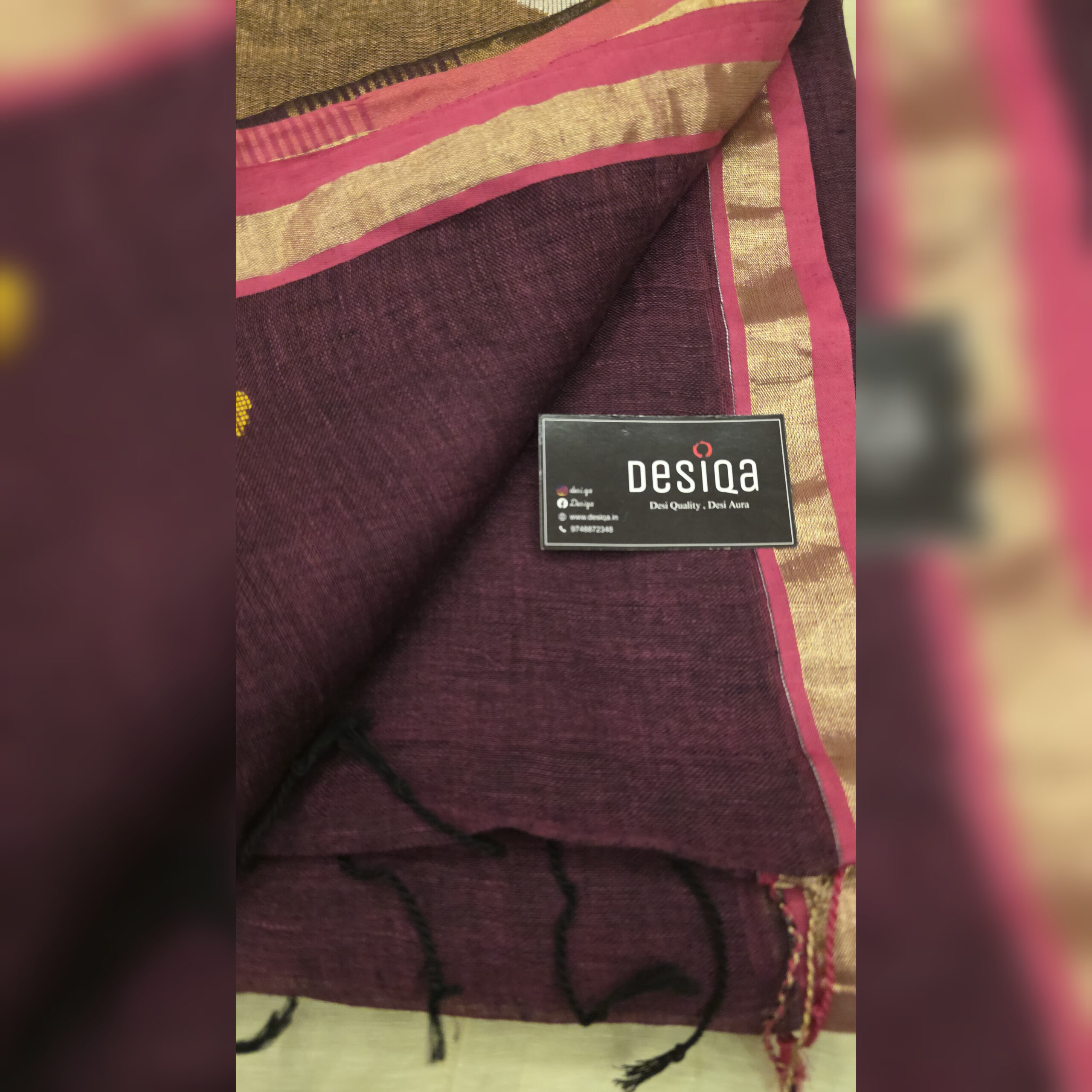 Wine Colour Pure Linen Jamdani Work Bird Motifs Saree - Image 6