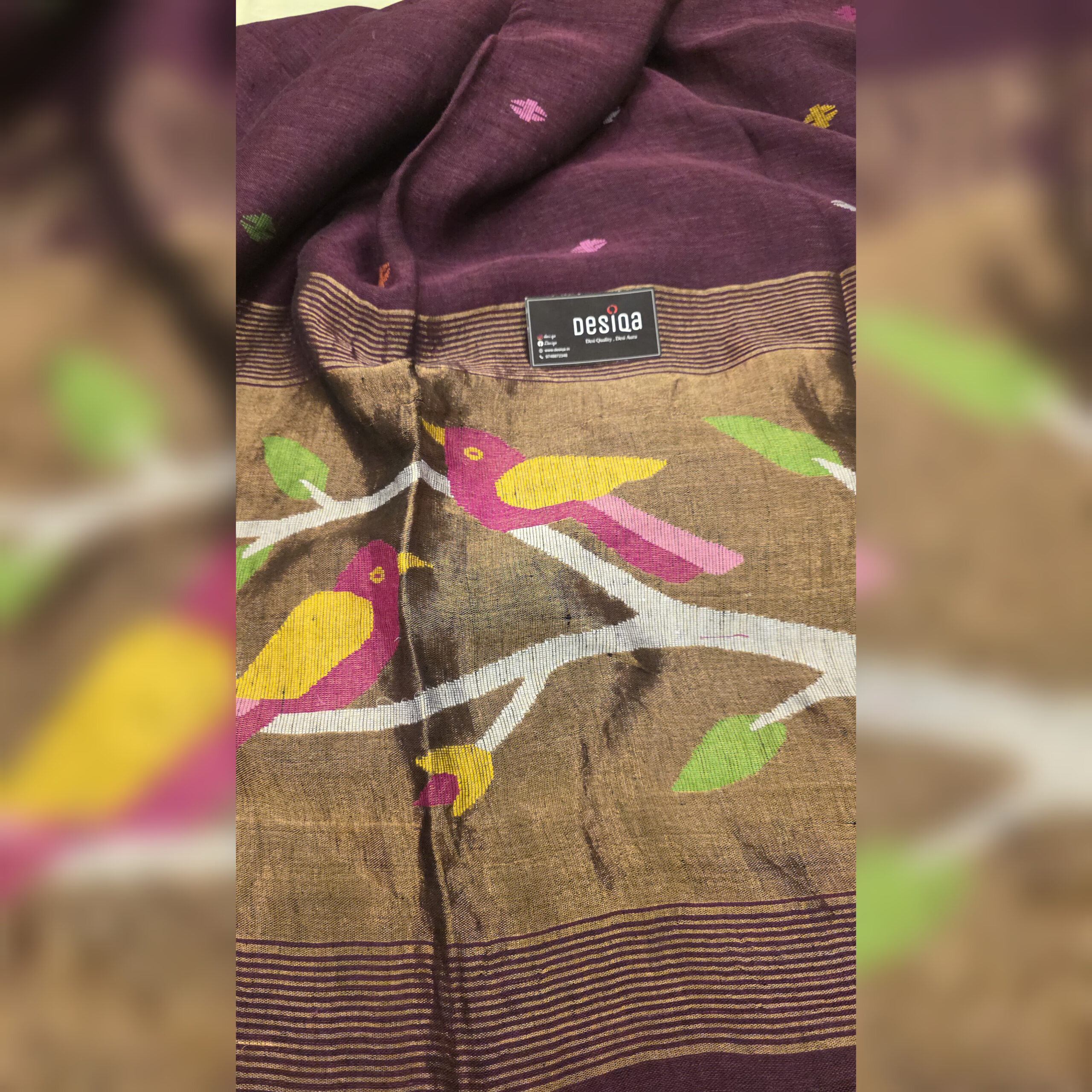 Wine Colour Pure Linen Jamdani Work Bird Motifs Saree - Image 7