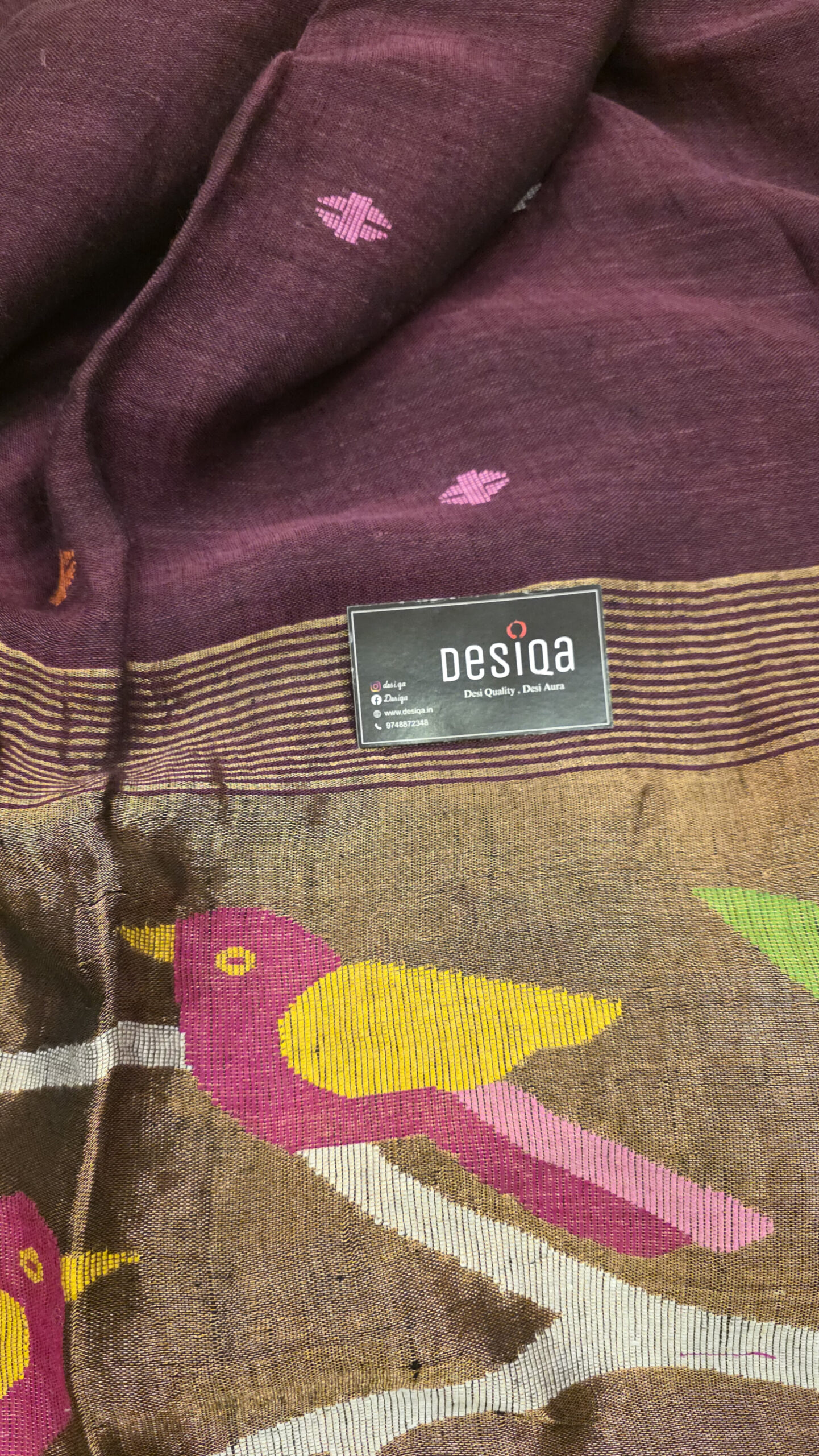 Wine Colour Pure Linen Jamdani Work Bird Motifs Saree - Image 8