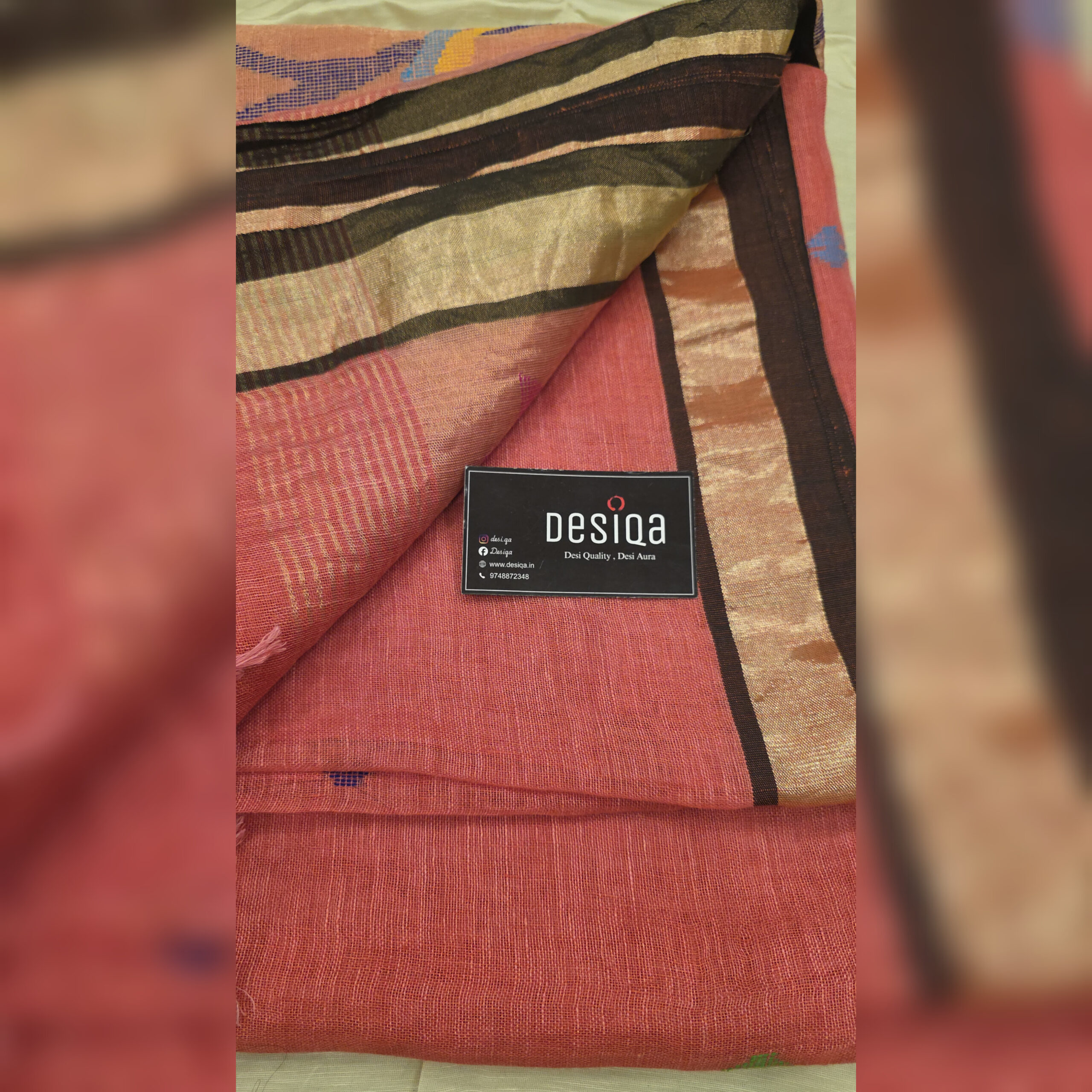 Pink Colour Pure Linen Jamdani Work Bird Motifs Saree - Image 6