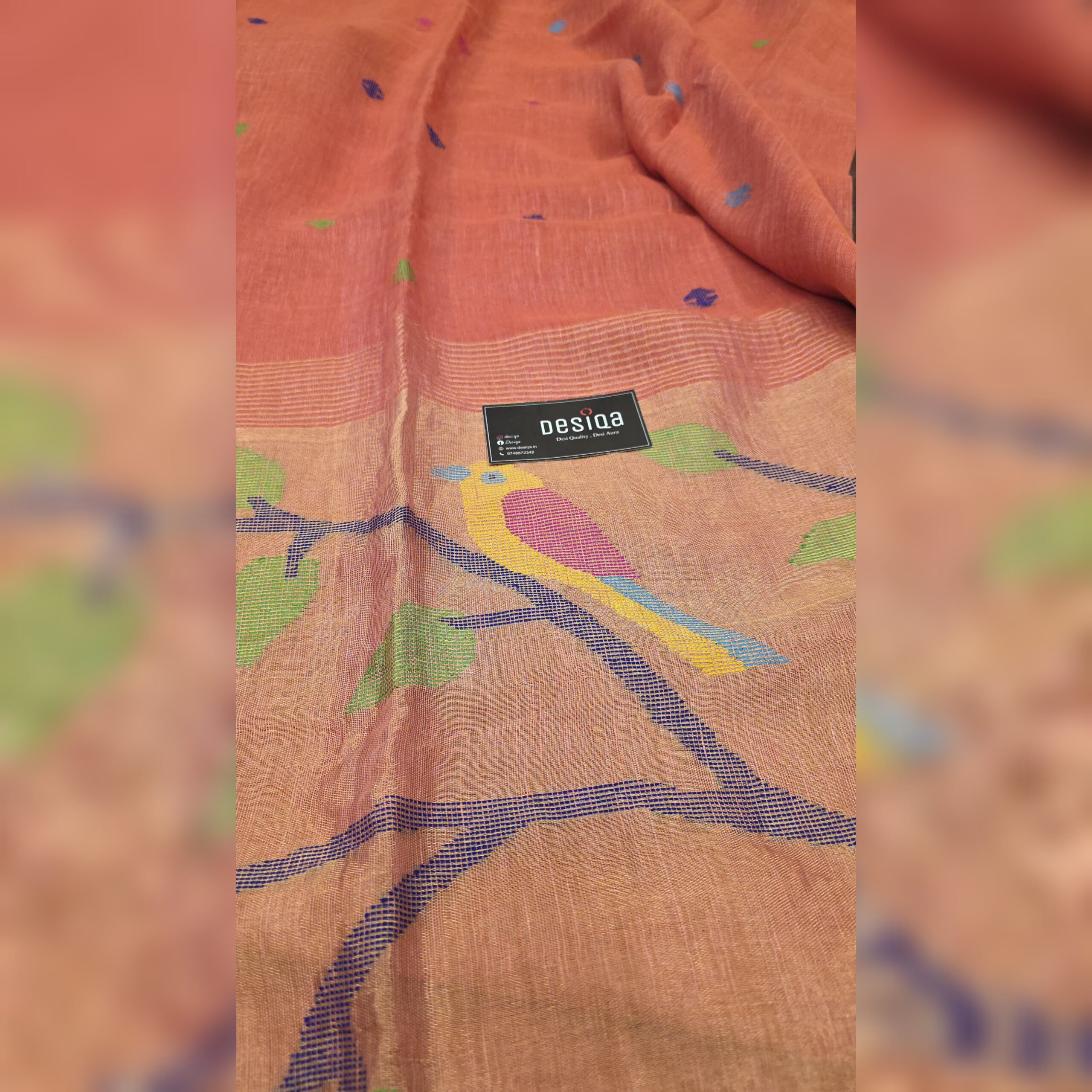 Pink Colour Pure Linen Jamdani Work Bird Motifs Saree - Image 7