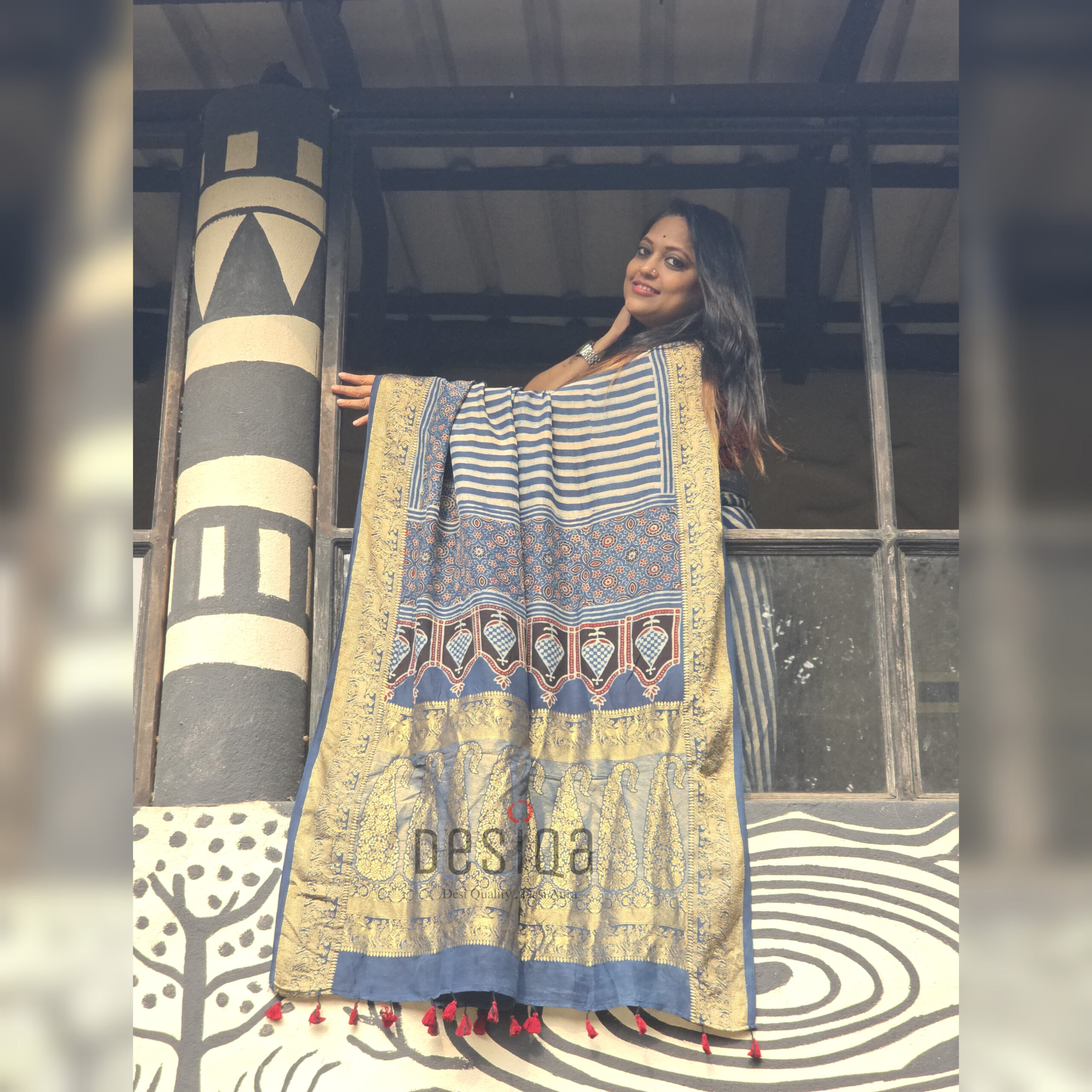 Ajrakh Dola Silk Saree with Nakshi Zali Pallu - Image 2