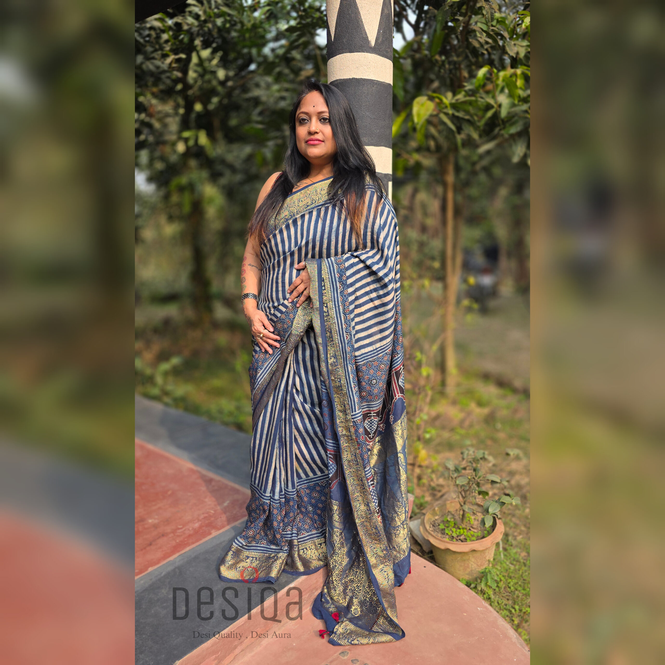 Ajrakh Dola Silk Saree with Nakshi Zali Pallu - Image 6