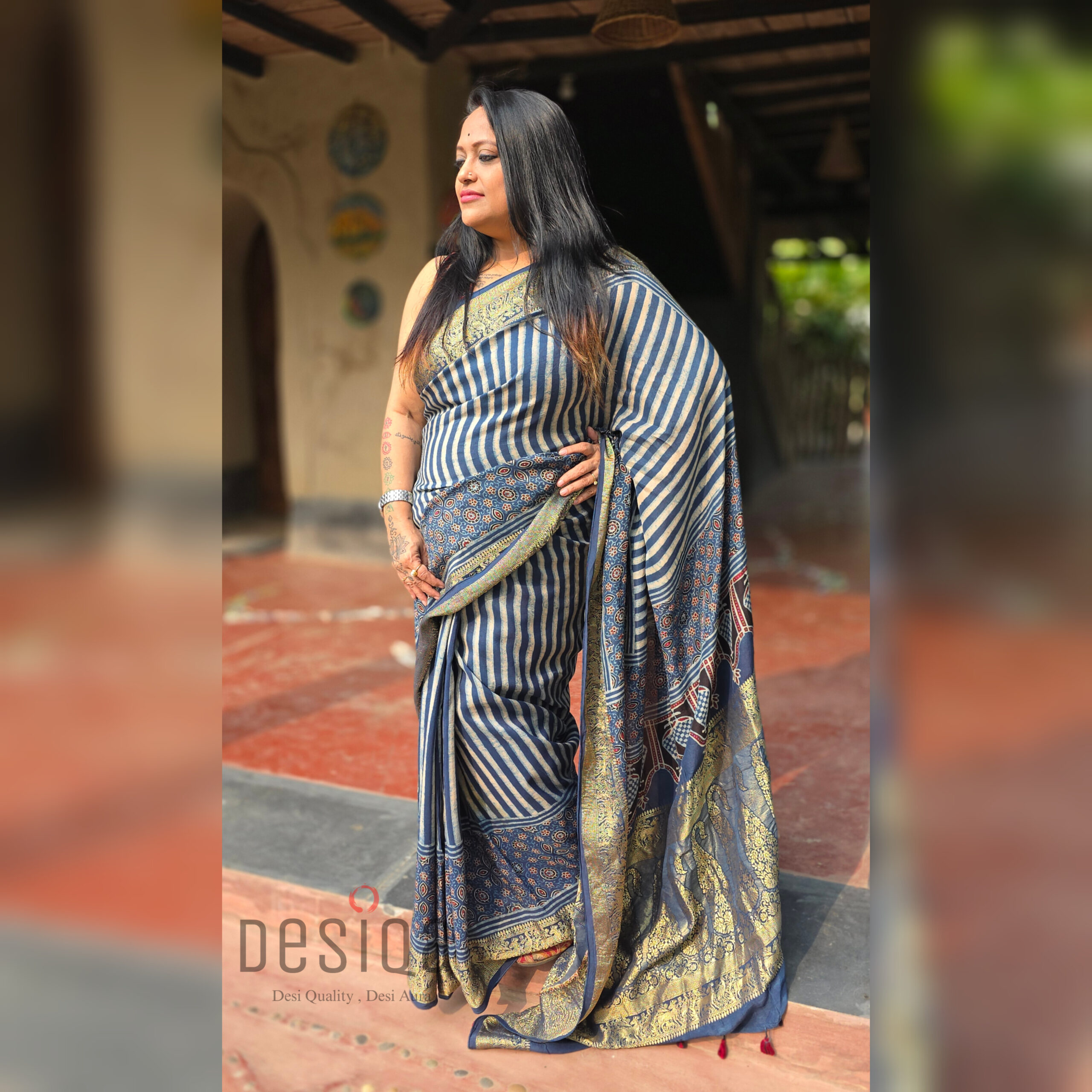 Ajrakh Dola Silk Saree with Nakshi Zali Pallu - Image 7