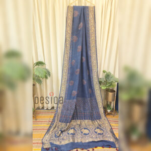 Indigo Colour Ajrakh Dola Silk Saree with Nakshi Zari Pallu