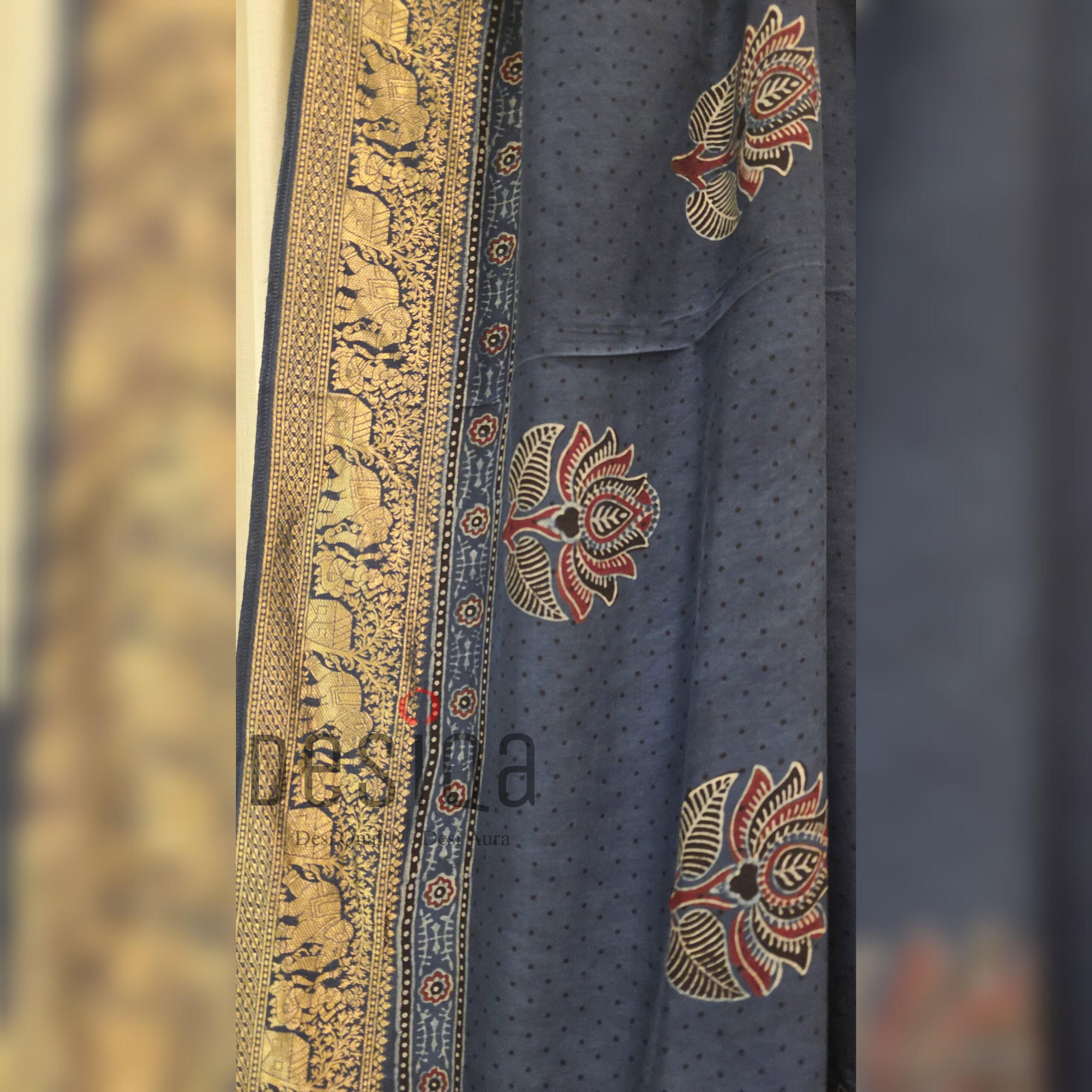 Indigo Colour Ajrakh Dola Silk Saree with Nakshi Zari Pallu - Image 2