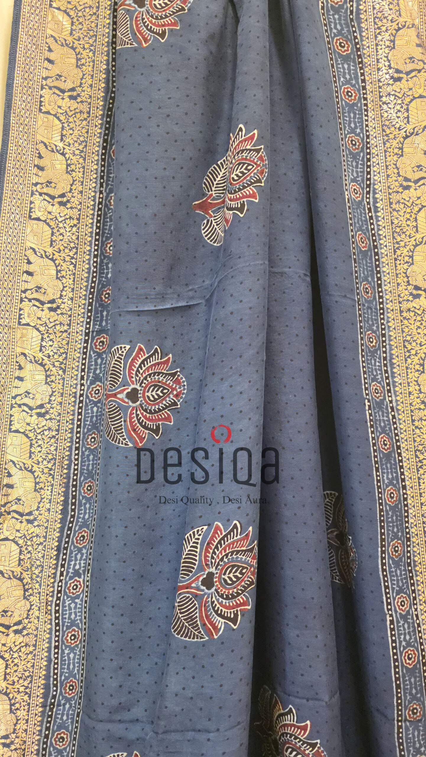 Indigo Colour Ajrakh Dola Silk Saree with Nakshi Zari Pallu - Image 3