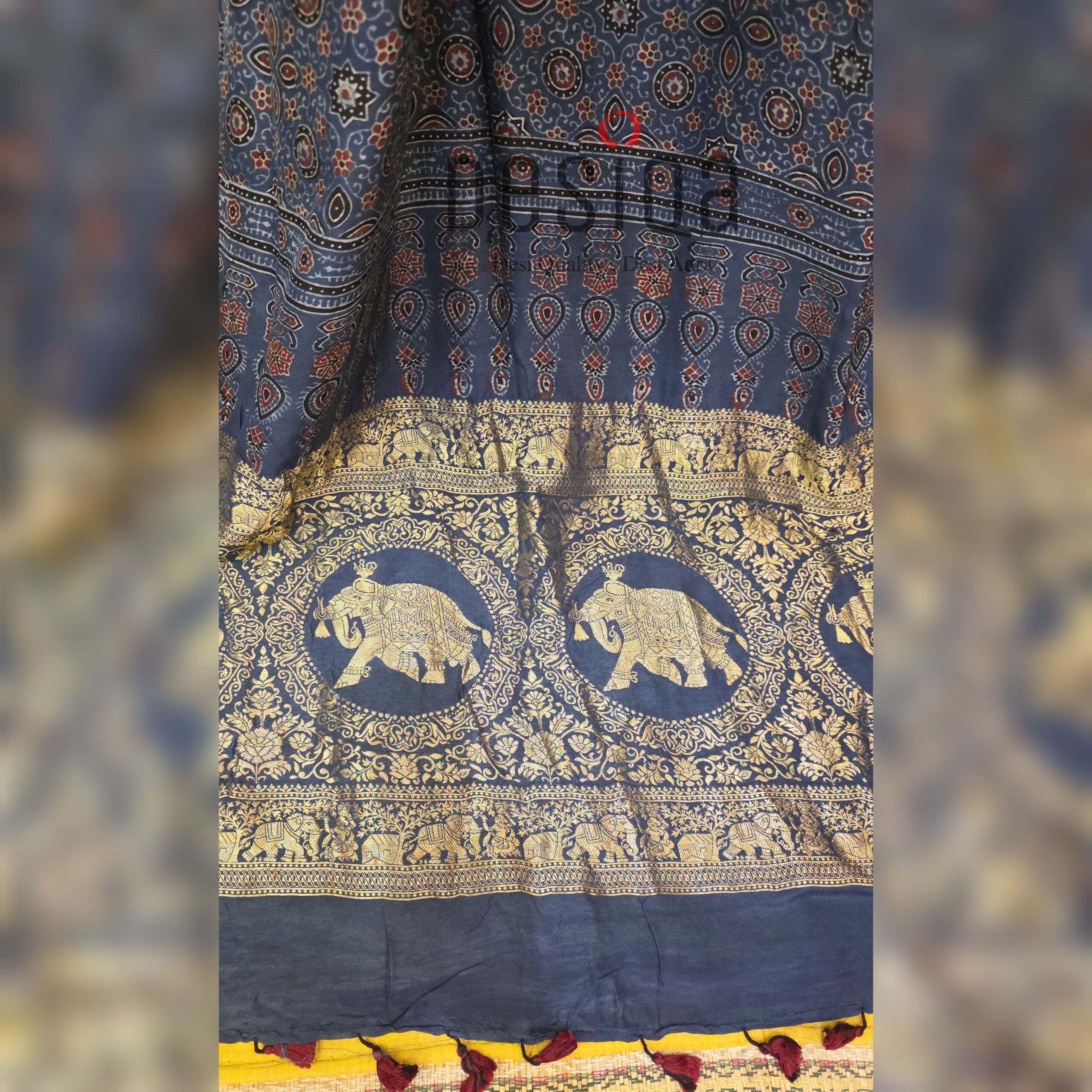 Indigo Colour Ajrakh Dola Silk Saree with Nakshi Zari Pallu - Image 4