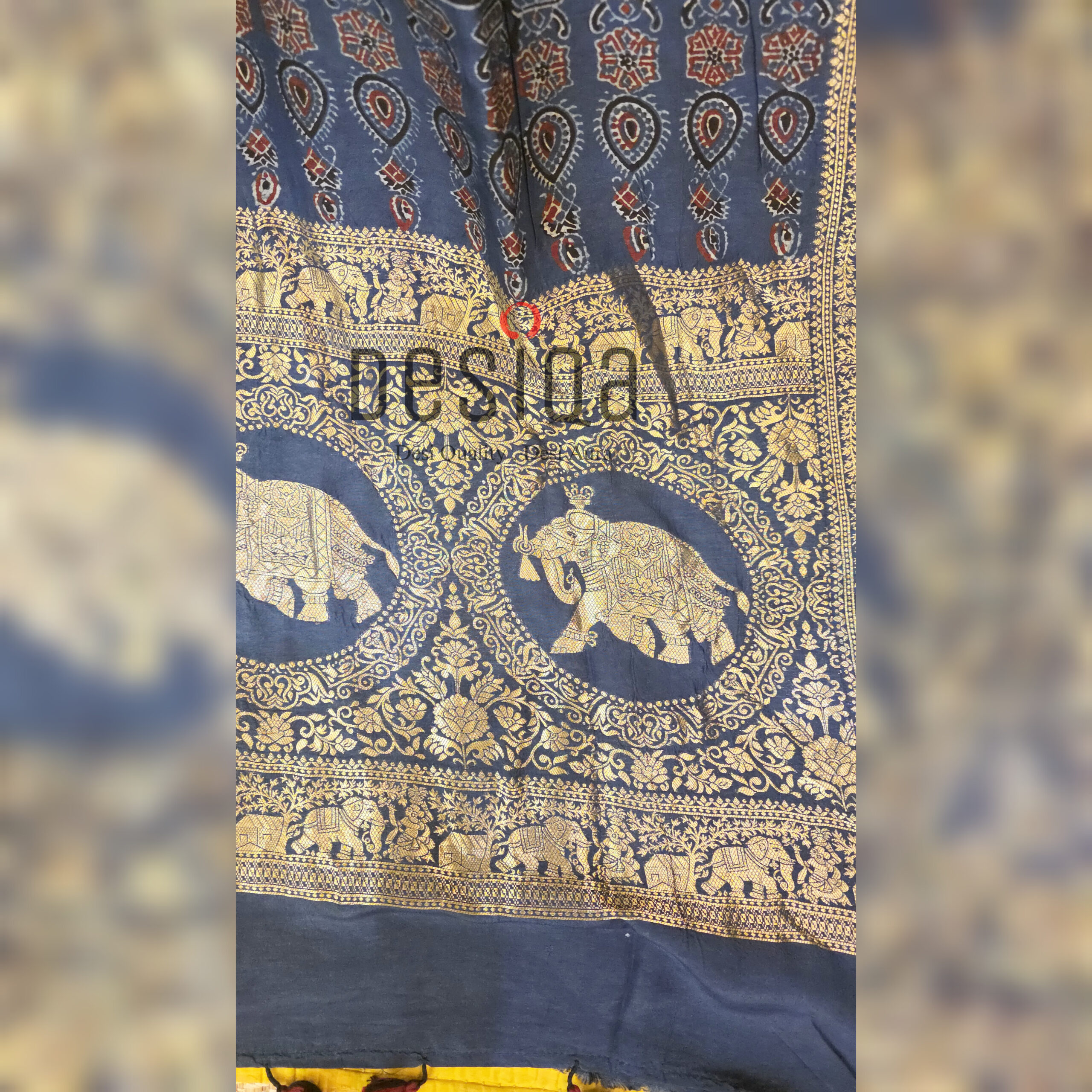 Indigo Colour Ajrakh Dola Silk Saree with Nakshi Zari Pallu - Image 5