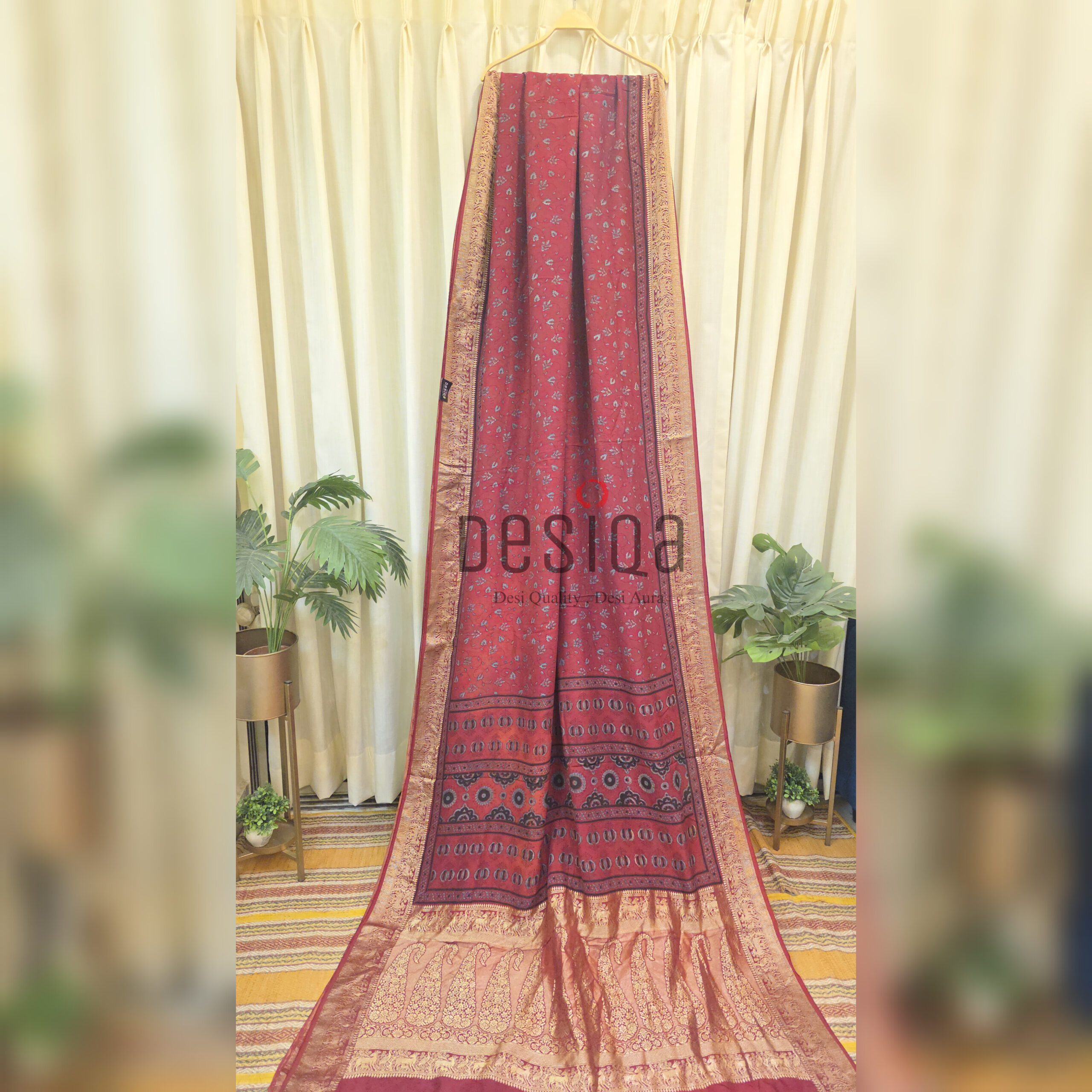 Meroon Colour Ajrakh Dola Silk Saree with Nakshi Zari Pallu