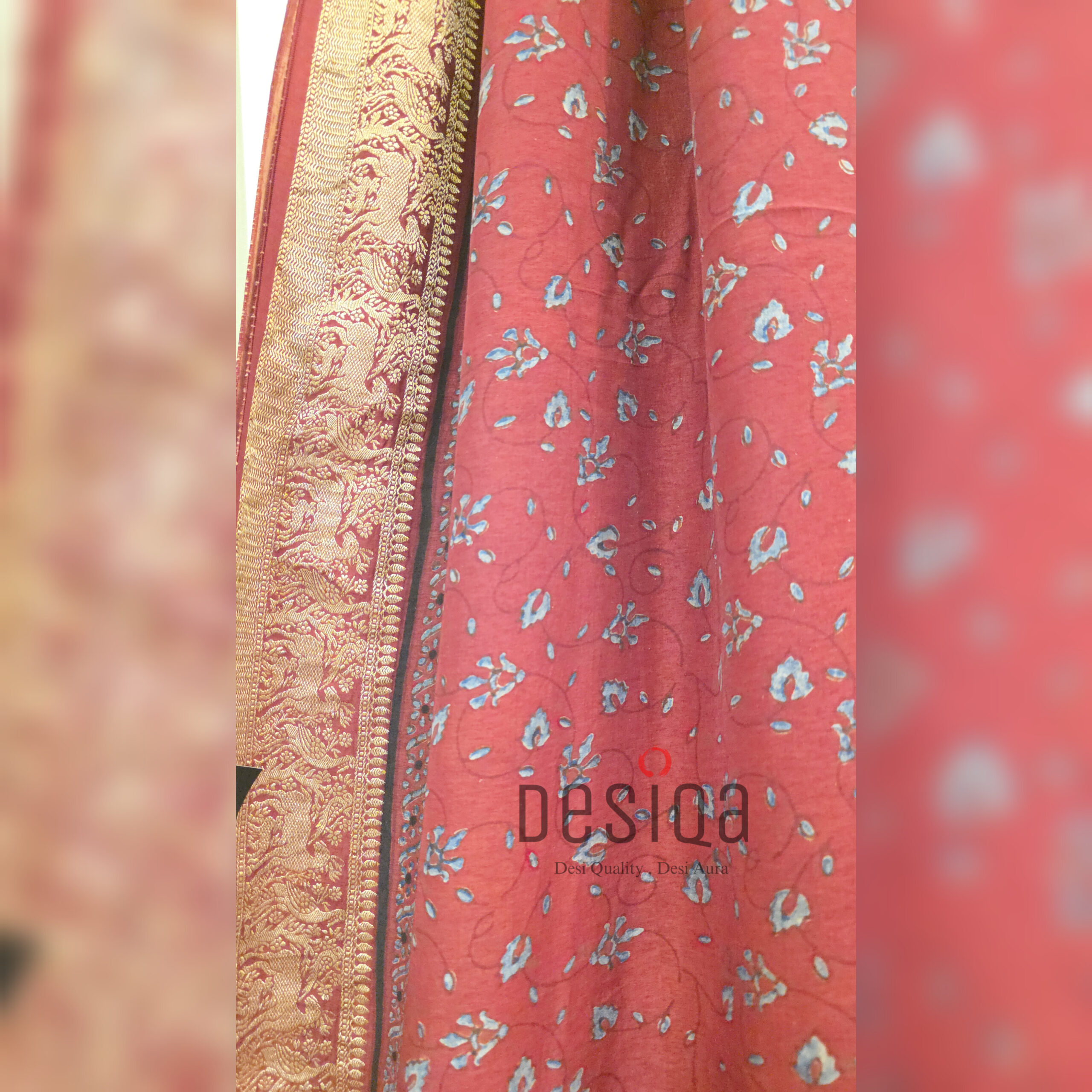 Meroon Colour Ajrakh Dola Silk Saree with Nakshi Zari Pallu - Image 3