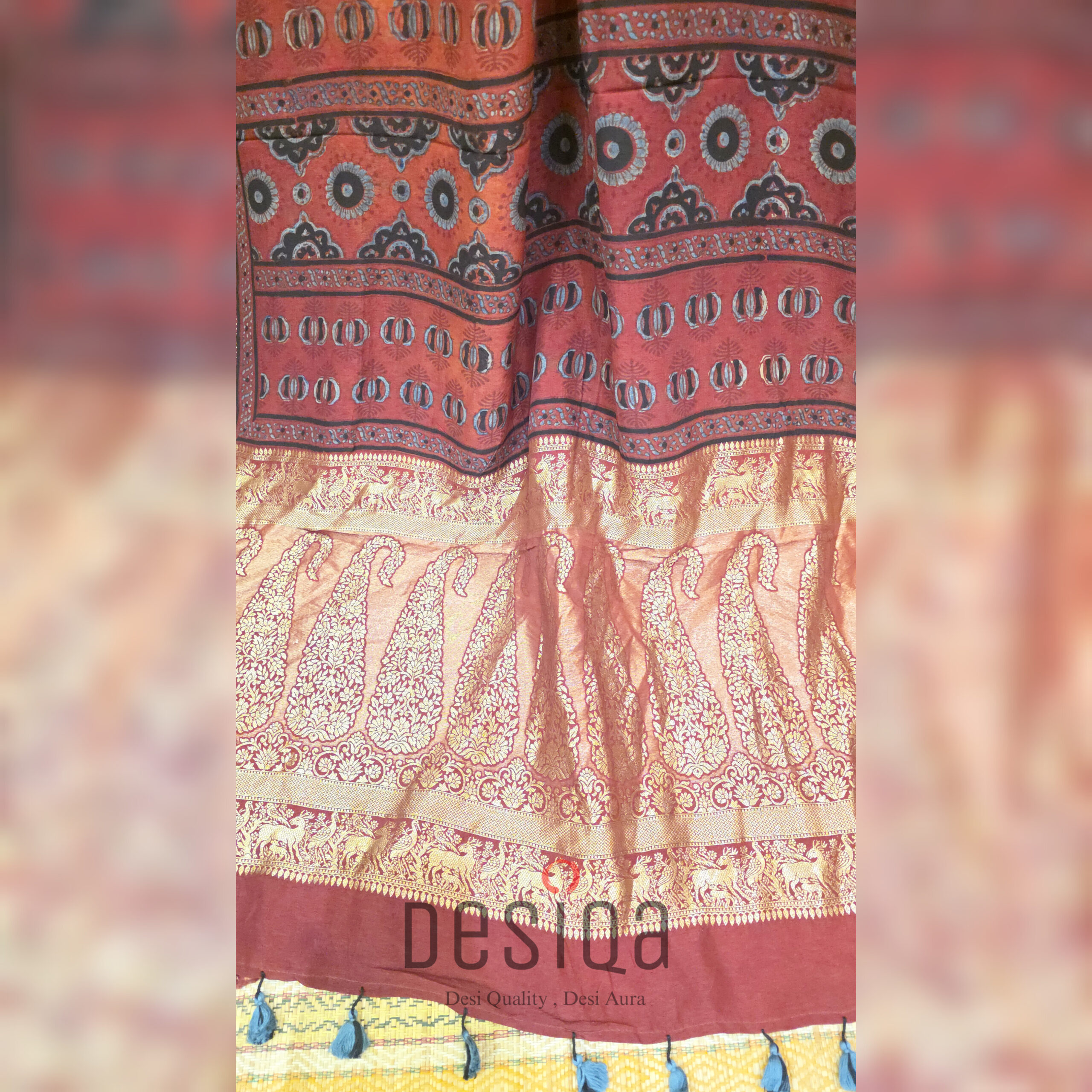 Meroon Colour Ajrakh Dola Silk Saree with Nakshi Zari Pallu - Image 4