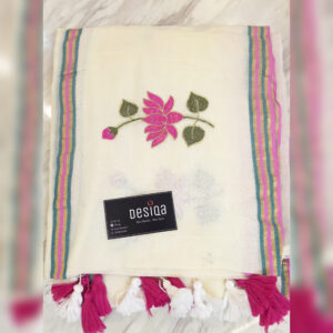 Off-White Colour Flower Motifs Mul Mul Cotton Saree