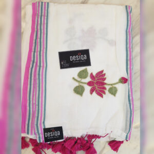 White Colour Flower Motifs Mul Mul Cotton Saree