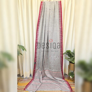 Silver Colour Red Motifs FIsh Par Dhonekhali Handloom Saree