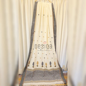 Off-White Colour Flower Pot Motifs Pure Cotton Jamdani Work Handloom Saree