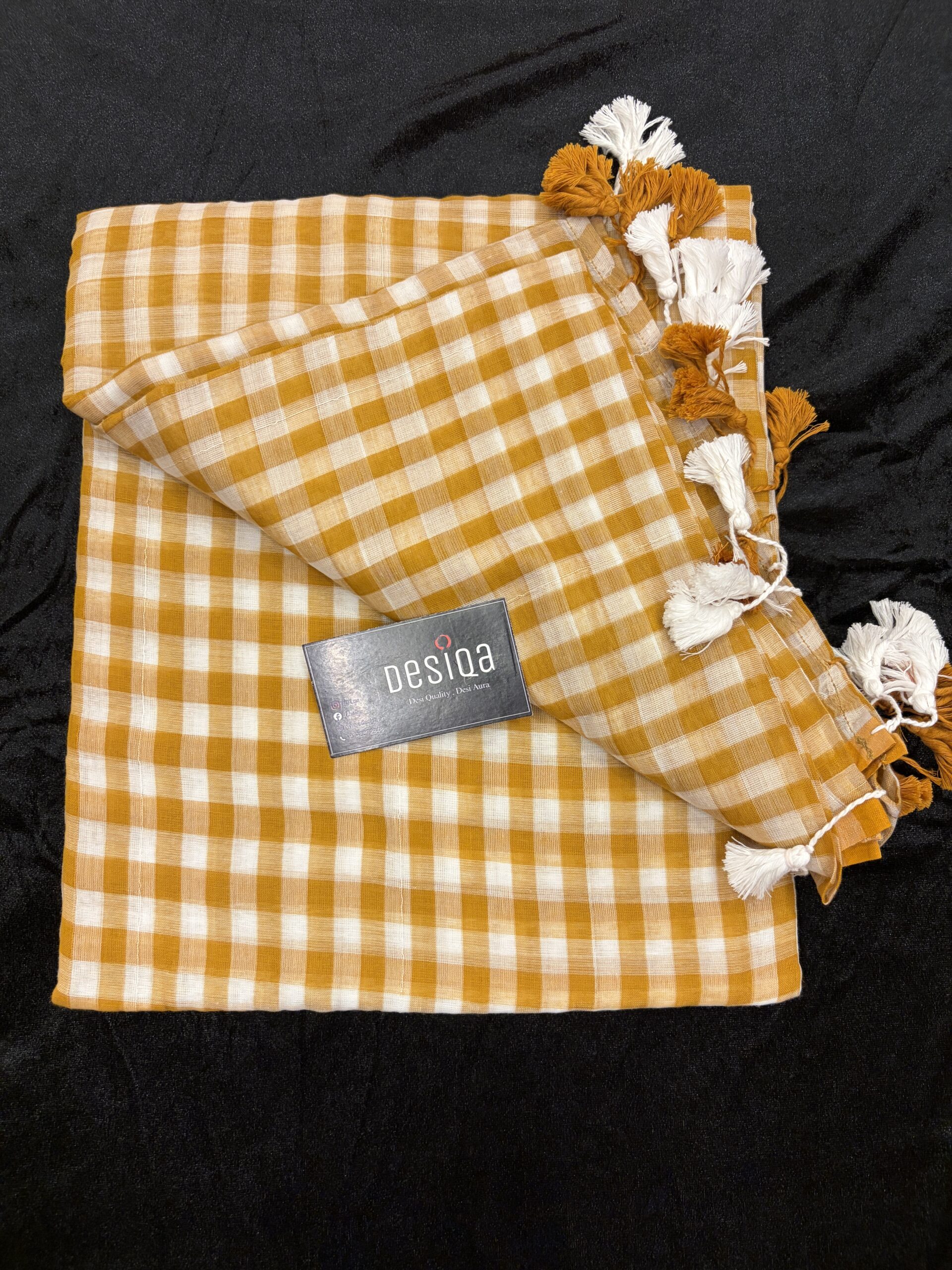 Brown Coloured Check Mul Mul Cotton Saree - Image 2