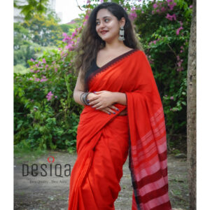 Red Colour Black Temple Par Pure Cotton Dhonekhali Handloom Sarees
