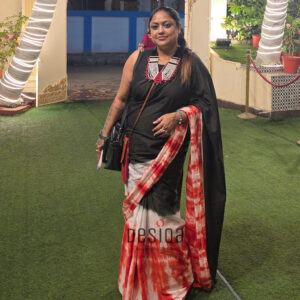 Black with Red & White Shibori Mul Mul Cotton Handloom Saree