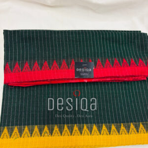 Dark Green Striped With Red Yellow Border Dhonekhali Saree