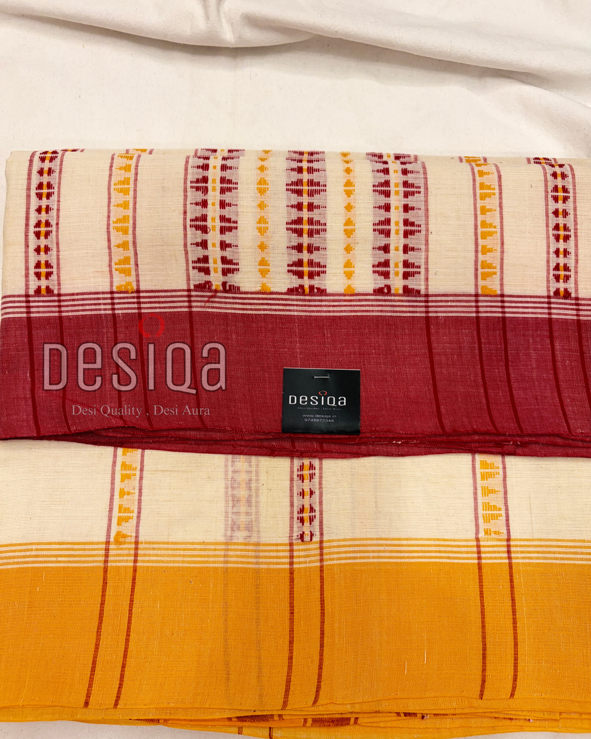 Cream color with Red Yellow Begumpuri work Dhonekhali Saree