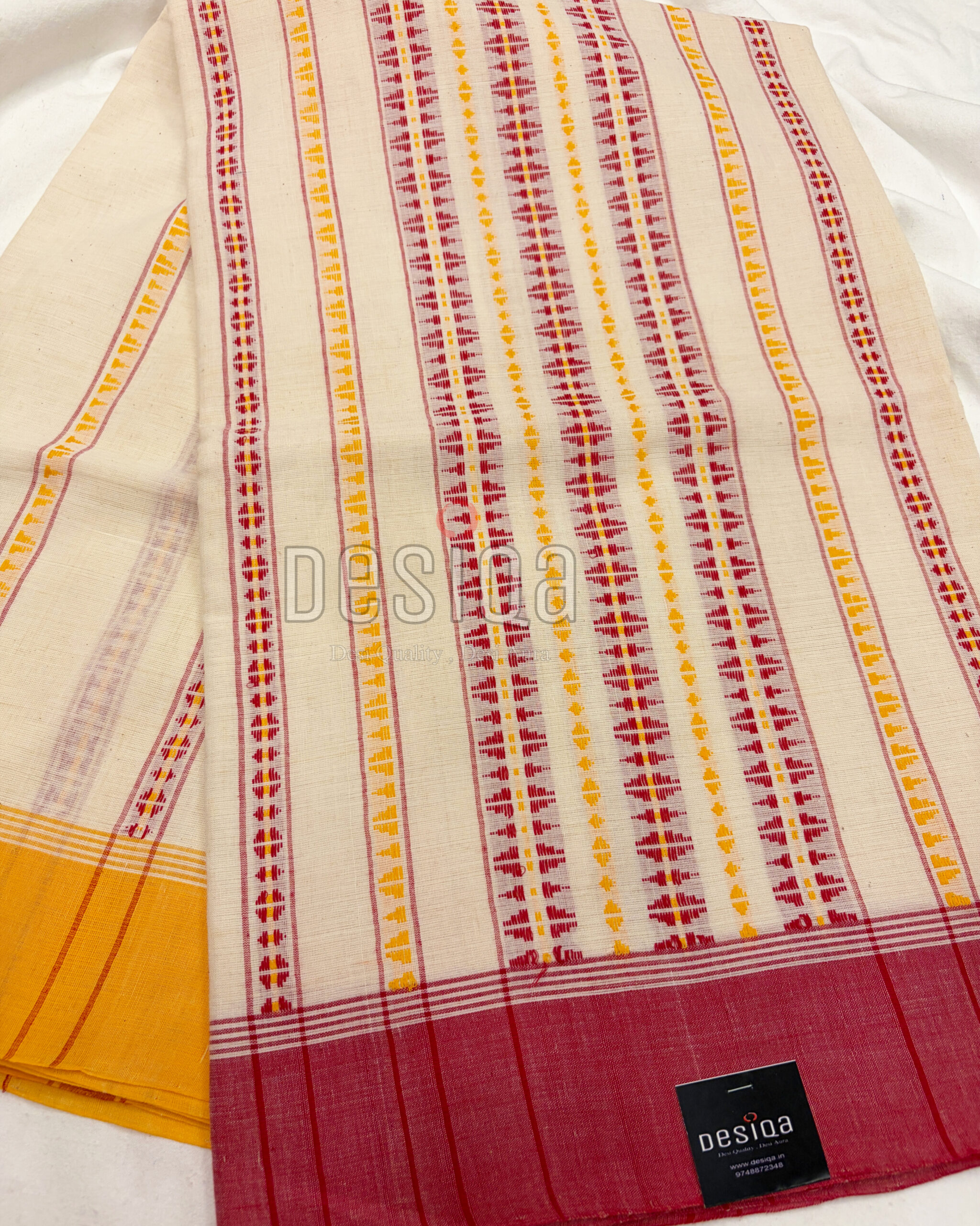 Cream color with Red Yellow Begumpuri work Dhonekhali Saree - Image 2