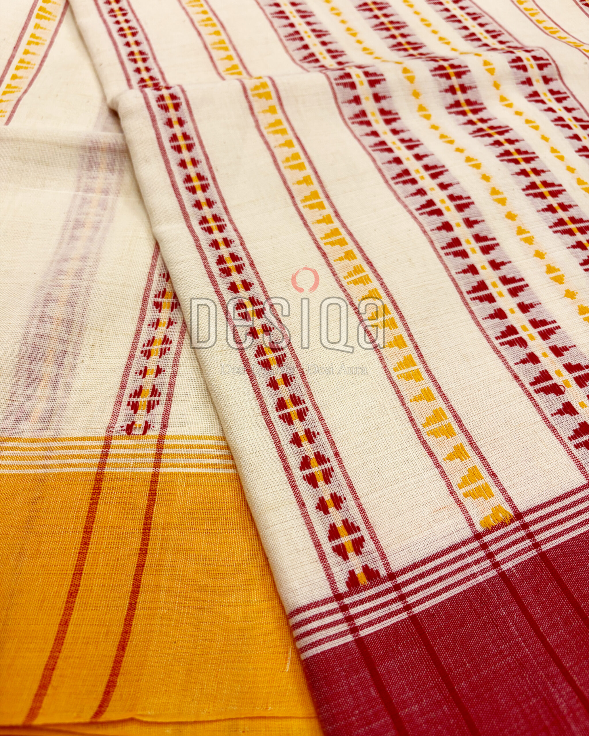 Cream color with Red Yellow Begumpuri work Dhonekhali Saree - Image 3