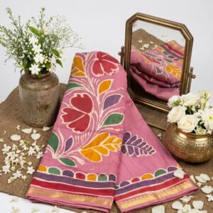 Onion Pink Coloured Hand Mom(Wax) Batik Print Maheshwari Silk Saree
