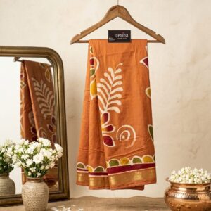 Golden Brown Coloured Hand Mom(Wax) Batik Print Maheshwari Silk Saree