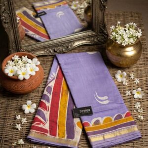 Pastel Blue Coloured Hand Mom(Wax) Batik Print Maheshwari Silk Saree