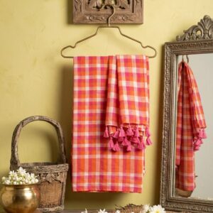 Pink-Orange Coloured Check Mul Mul Cotton Saree